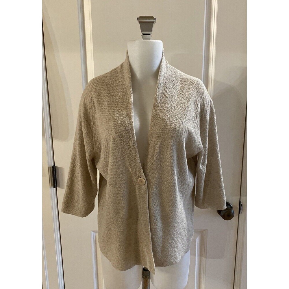 EILEEN FISHER Beige‎ Oatmeal Wool Cardigan Button Short Sleeve Sweater -Size PL